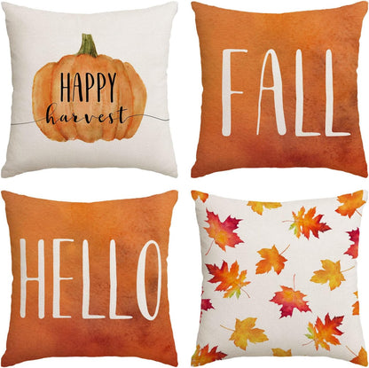 Set of 4 Fall Pillow Covers 18X18 Inch Thanksgiving Throw Pillows Covers Autumn Blue Pumpkins Decorative Cushion Covers 