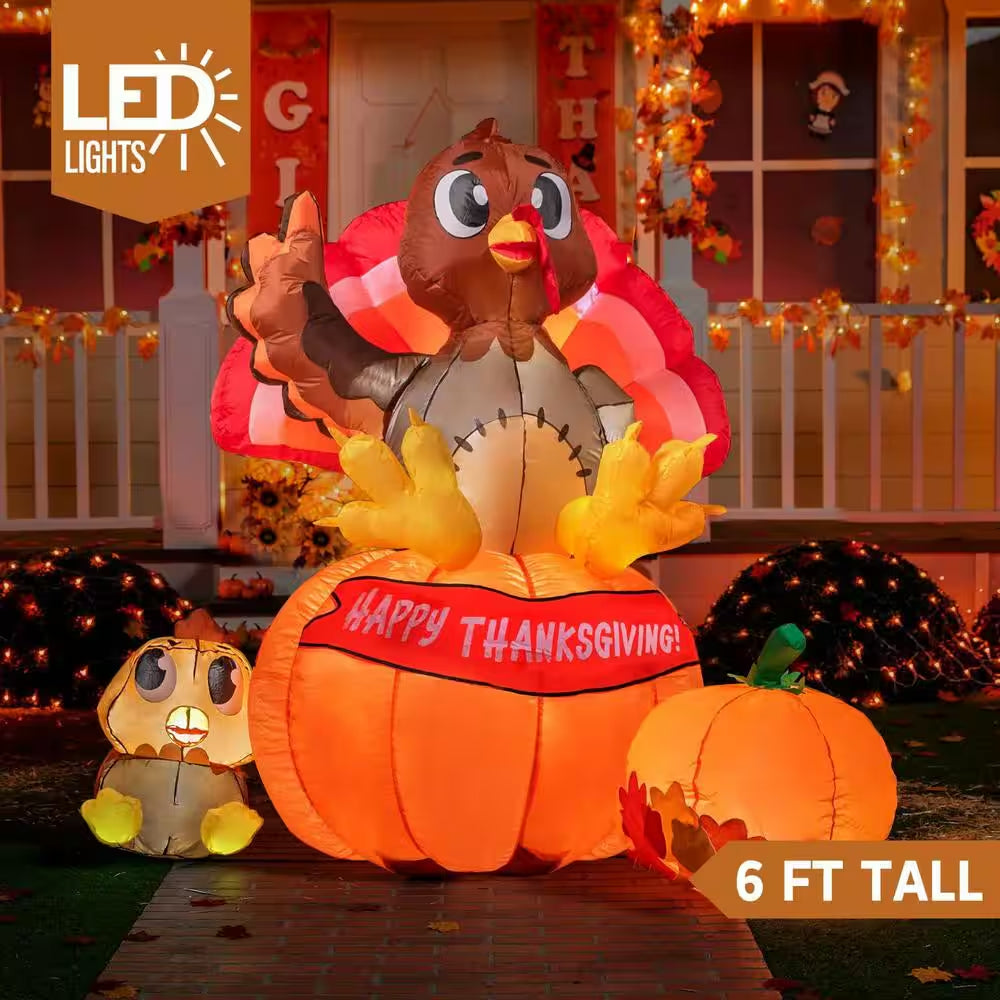 LED Inflatable Turkey on Pumpkin with Little Turkey