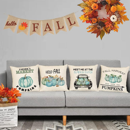 Set of 4 Fall Pillow Covers 18X18 Inch Thanksgiving Throw Pillows Covers Autumn Blue Pumpkins Decorative Cushion Covers 