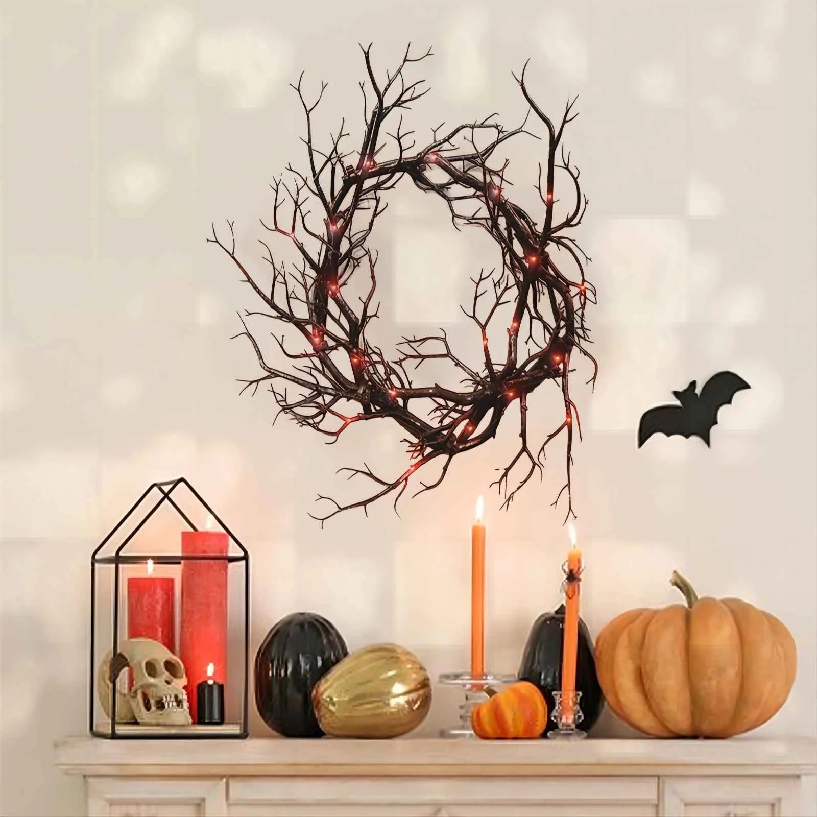 Black Halloween Wreath with LED Lights