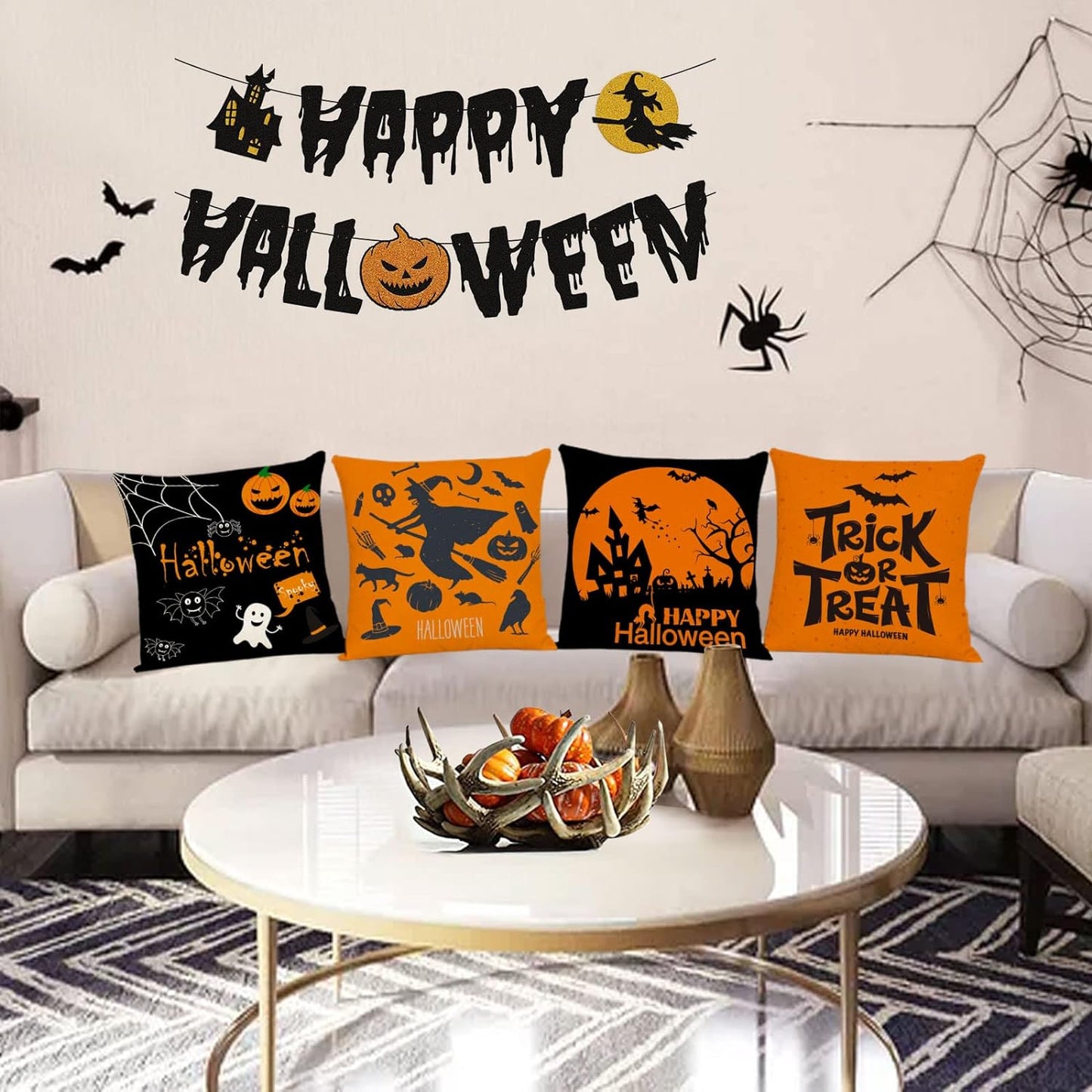 Halloween Decor Pillow Covers 16X16 Set of 4 Halloween Fall Black Decorative Throw Pillows 