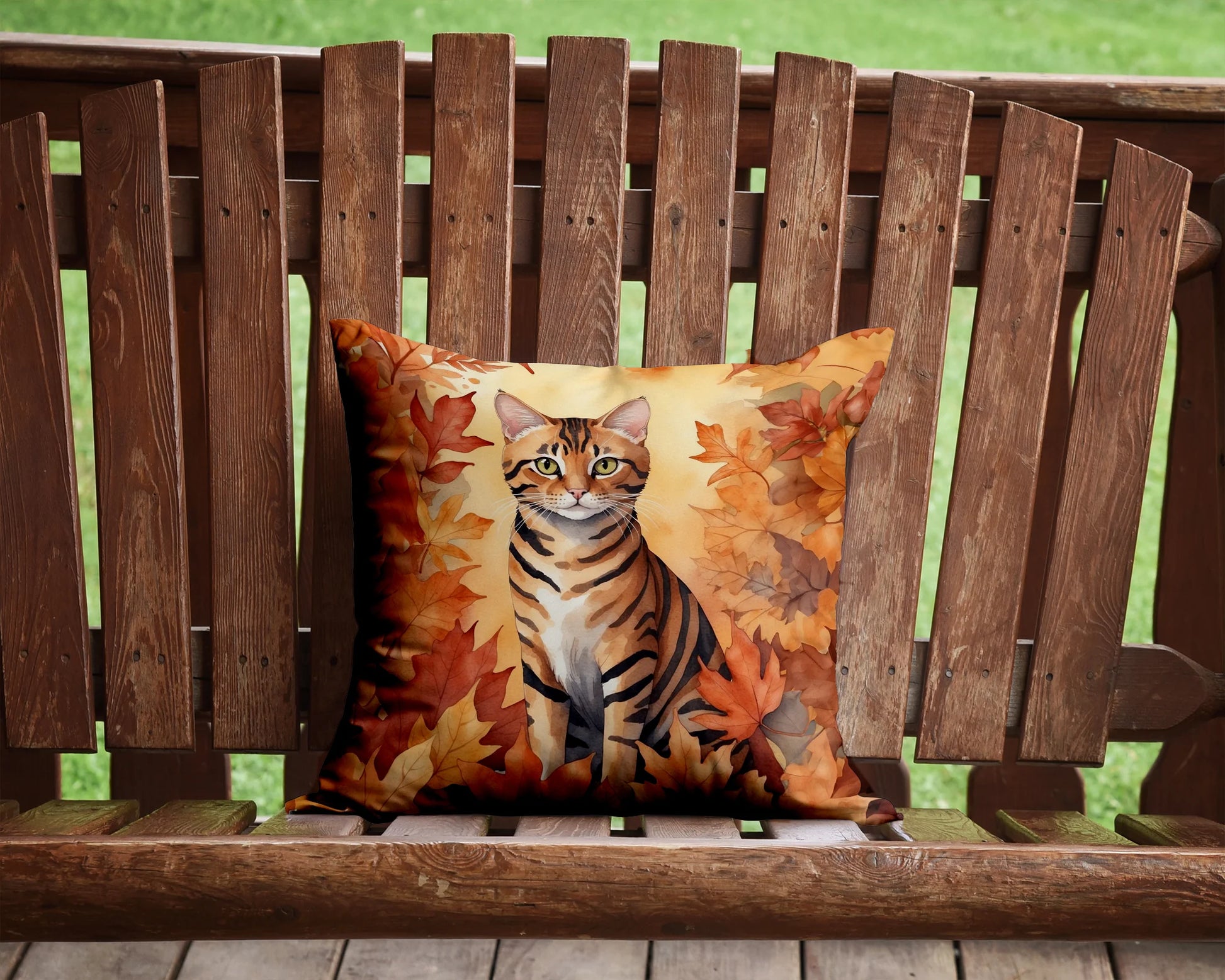 Toyger Cat in Fall Leaves Throw Pillow