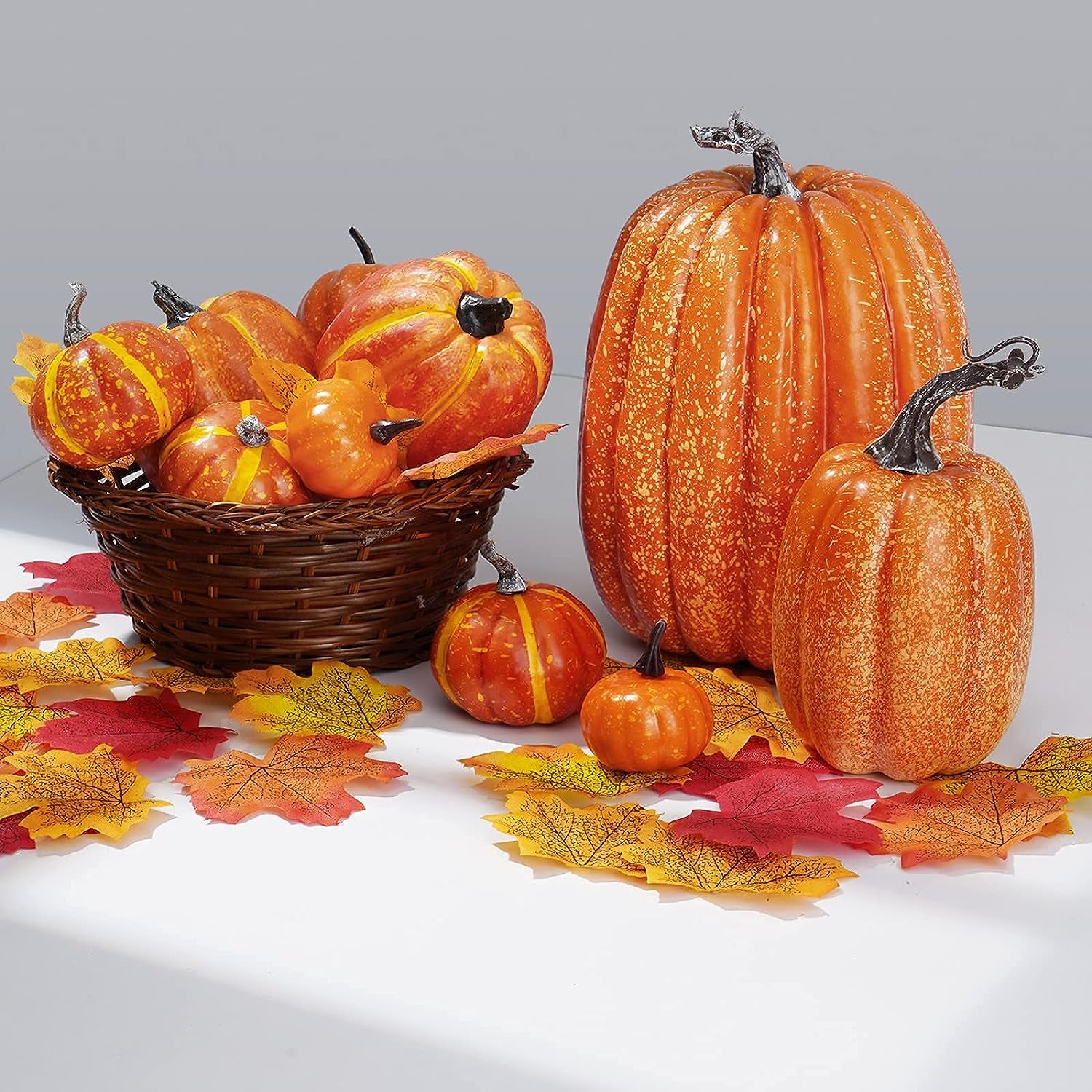 12PCS Artificial Foam Pumpkins with 50PCS Fake Maple Leaves 