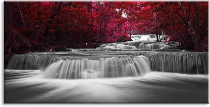 Wall Art Décor of Wide Waterfall and Red Leaves and Maple Leaves Canvas 