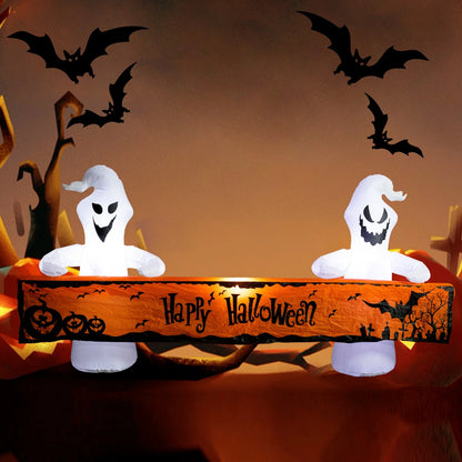 8 Ft Long Halloween Inflatable White Ghosts with Lighted “Happy Halloween” Blow up Decoration