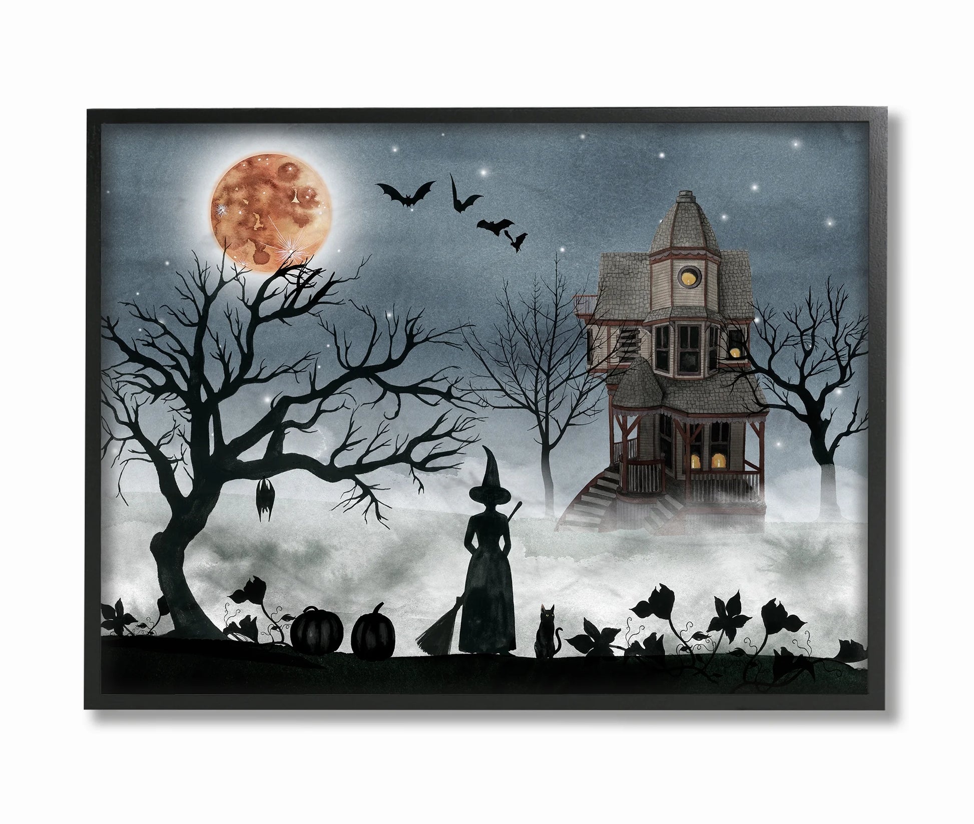 Halloween Witch Silhouette in Full Moon Haunted House Scene Stretched Canvas 