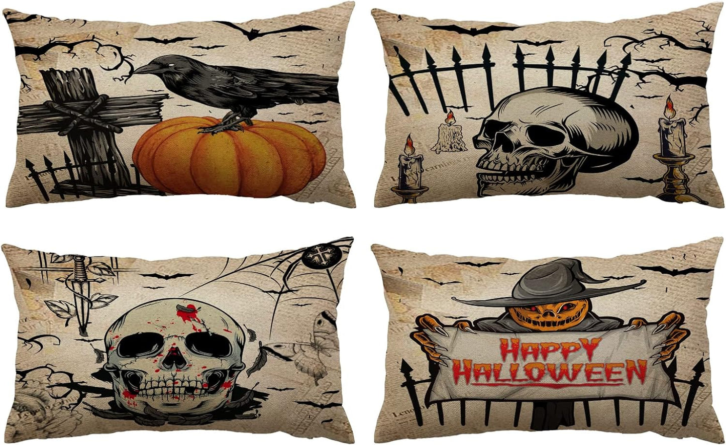 Halloween Decor Pillow Covers 16X16 Set of 4 Halloween Fall Black Decorative Throw Pillows 