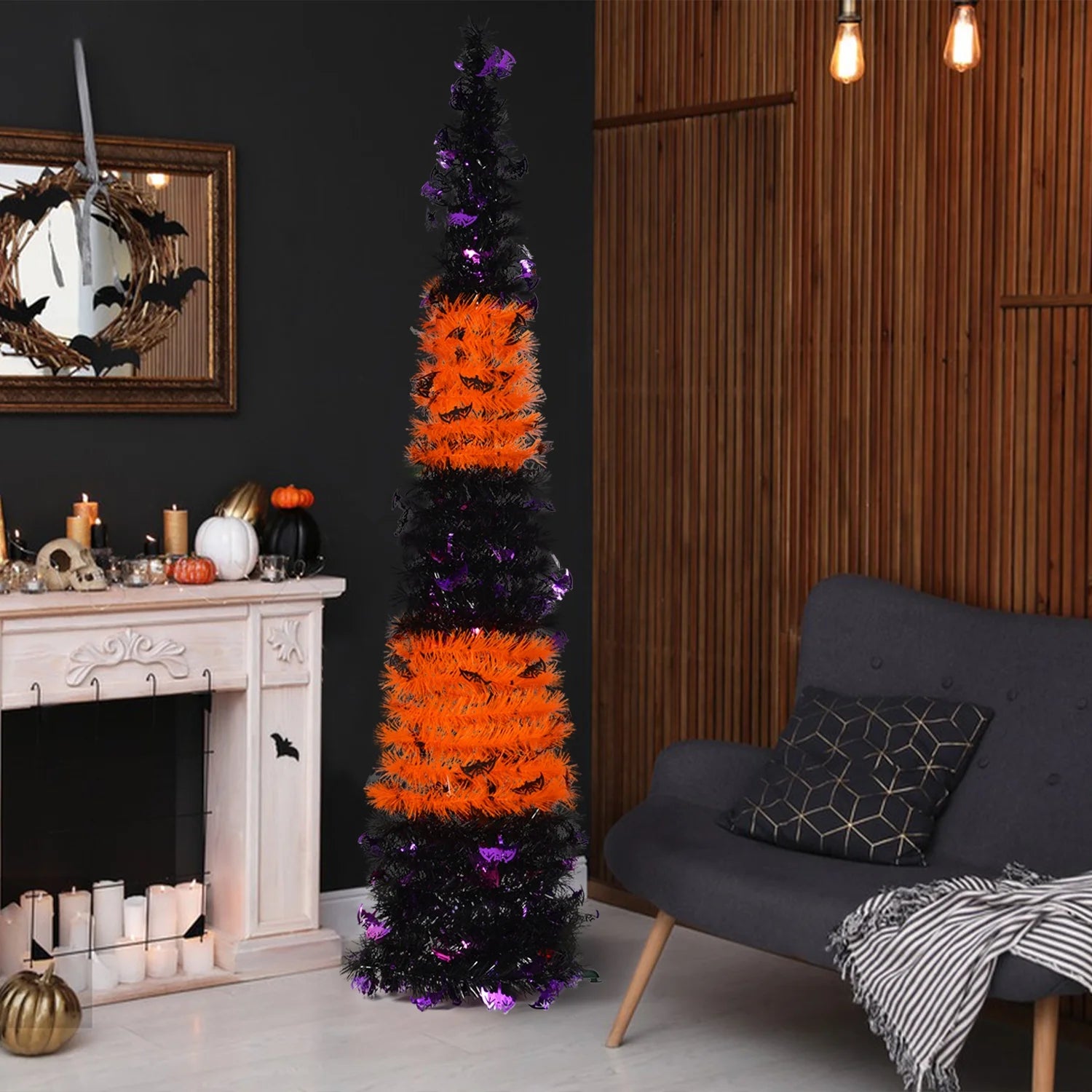 Black & Orange Halloween Christmas Tree with 50 LED Purple Lights 