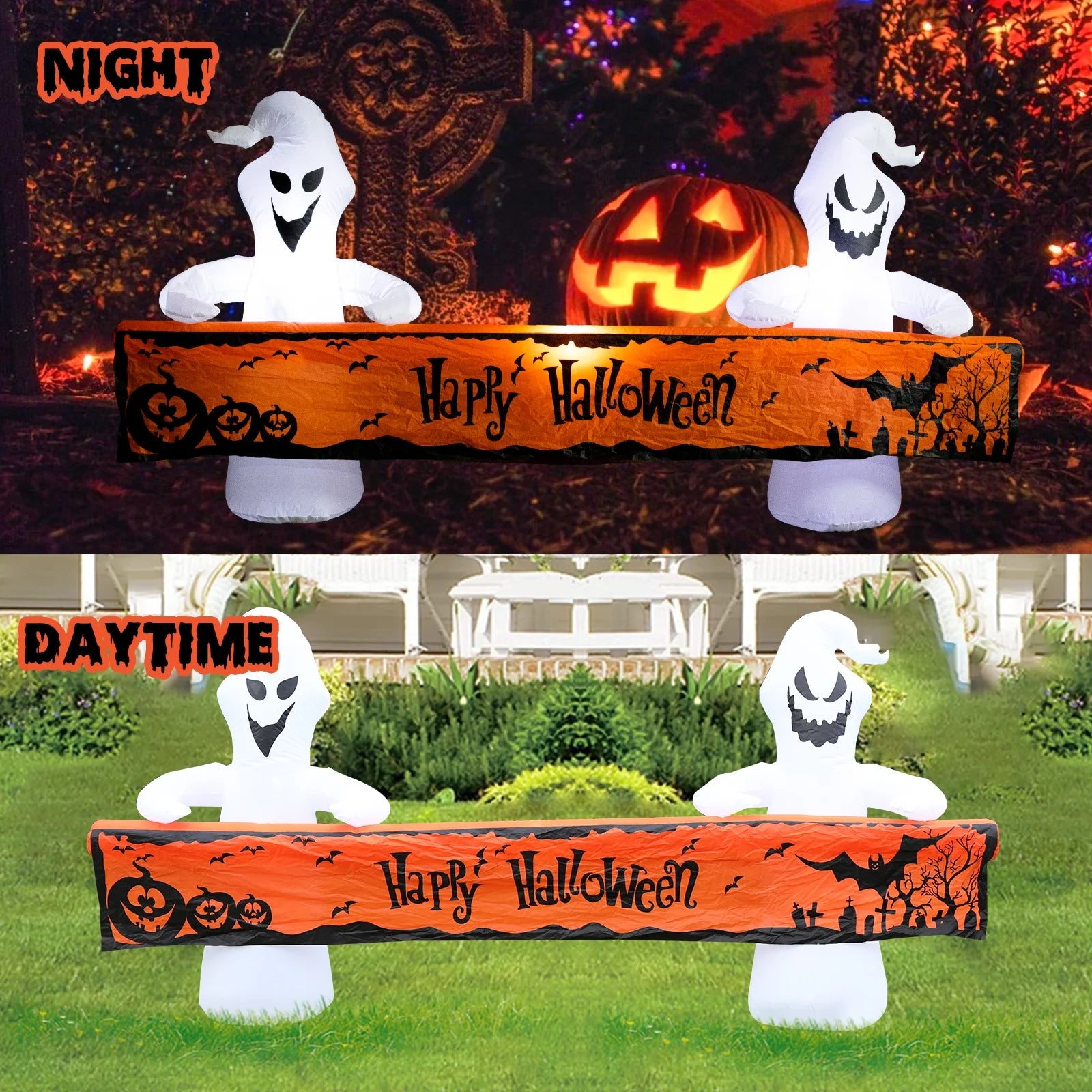 8 Ft Long Halloween Inflatable White Ghosts with Lighted “Happy Halloween” Blow up Decoration