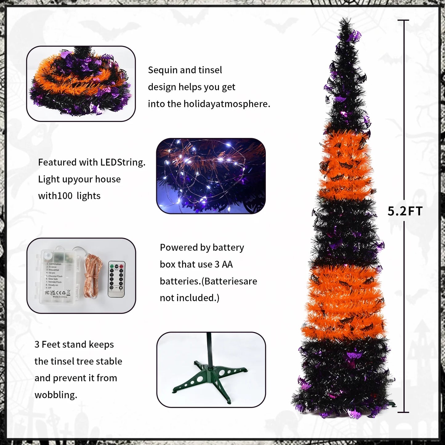 Black & Orange Halloween Christmas Tree with 50 LED Purple Lights 