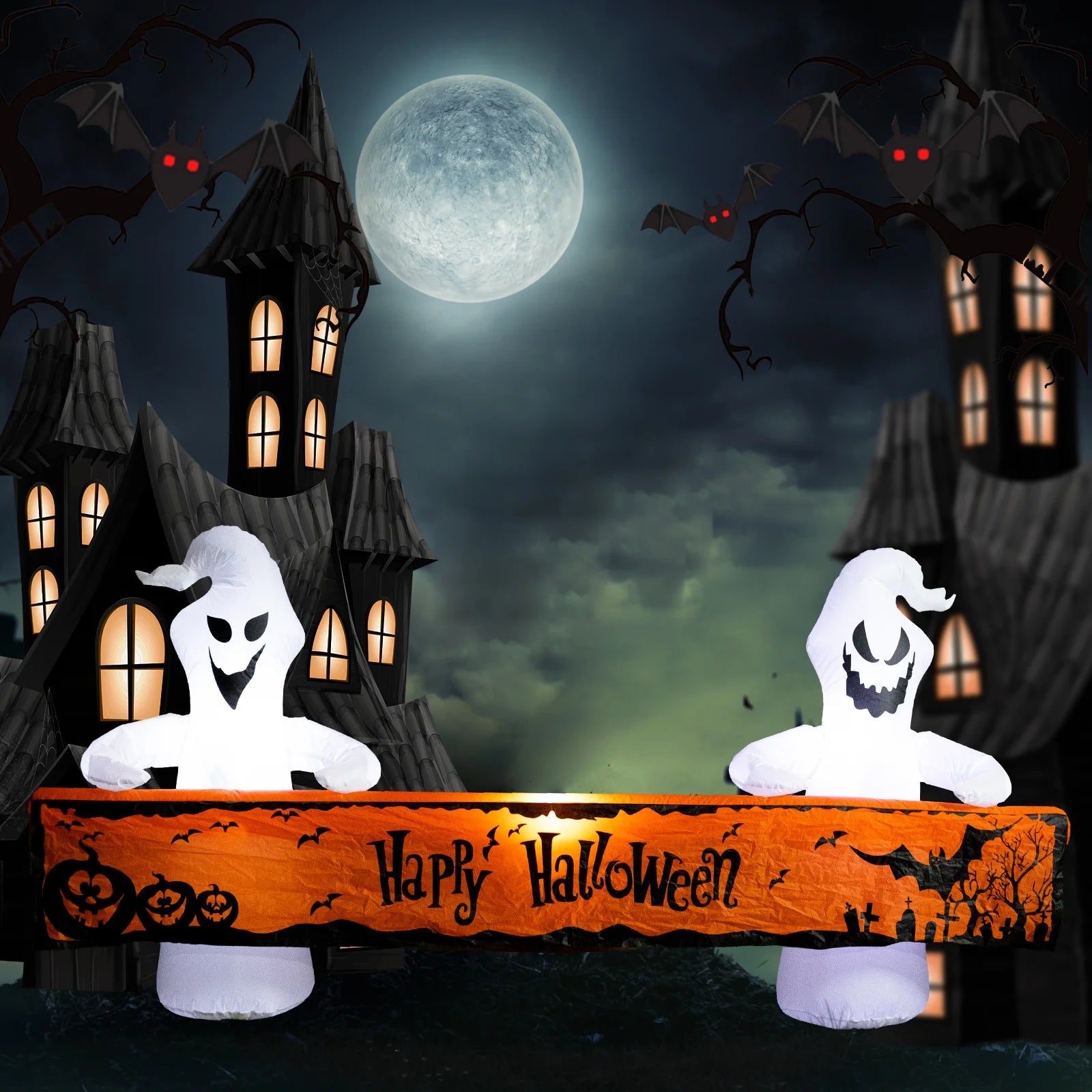 8 Ft Long Halloween Inflatable White Ghosts with Lighted “Happy Halloween” Blow up Decoration