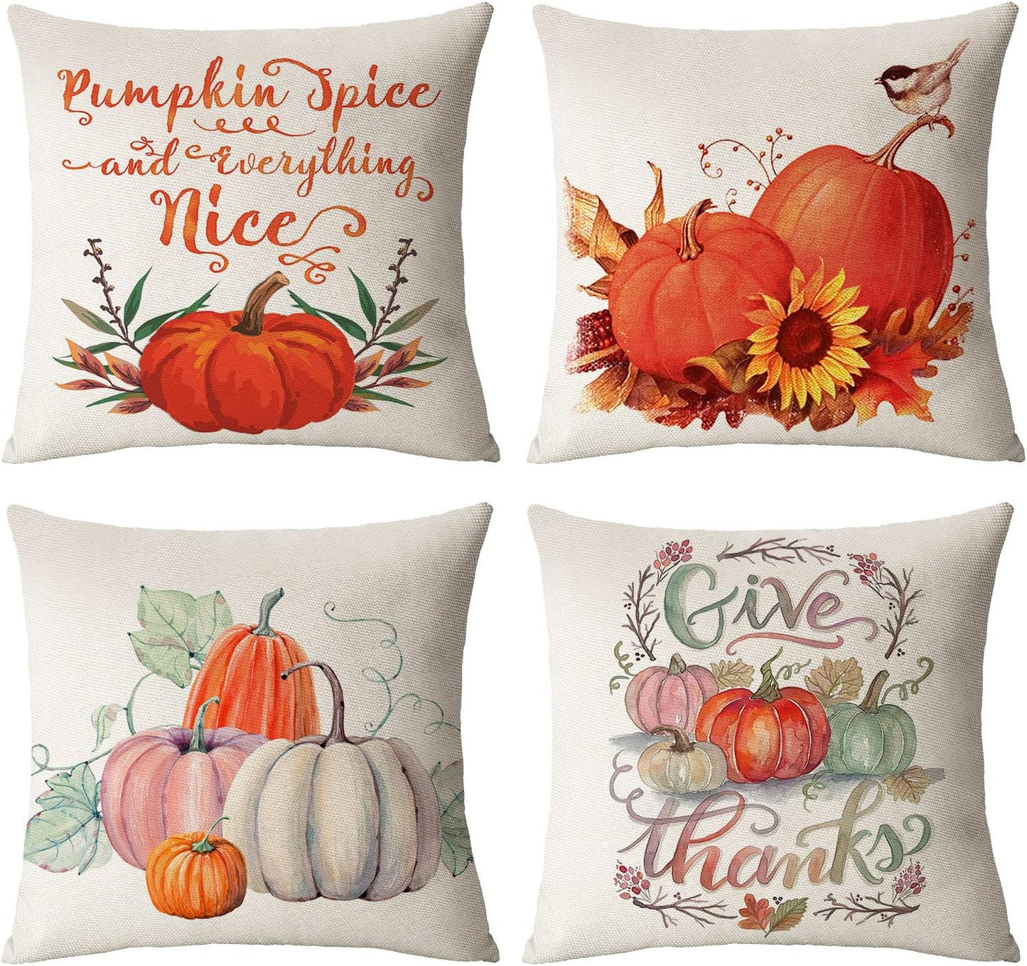 Set of 4 Fall Pillow Covers 18X18 Inch Thanksgiving Throw Pillows Covers Autumn Blue Pumpkins Decorative Cushion Covers 