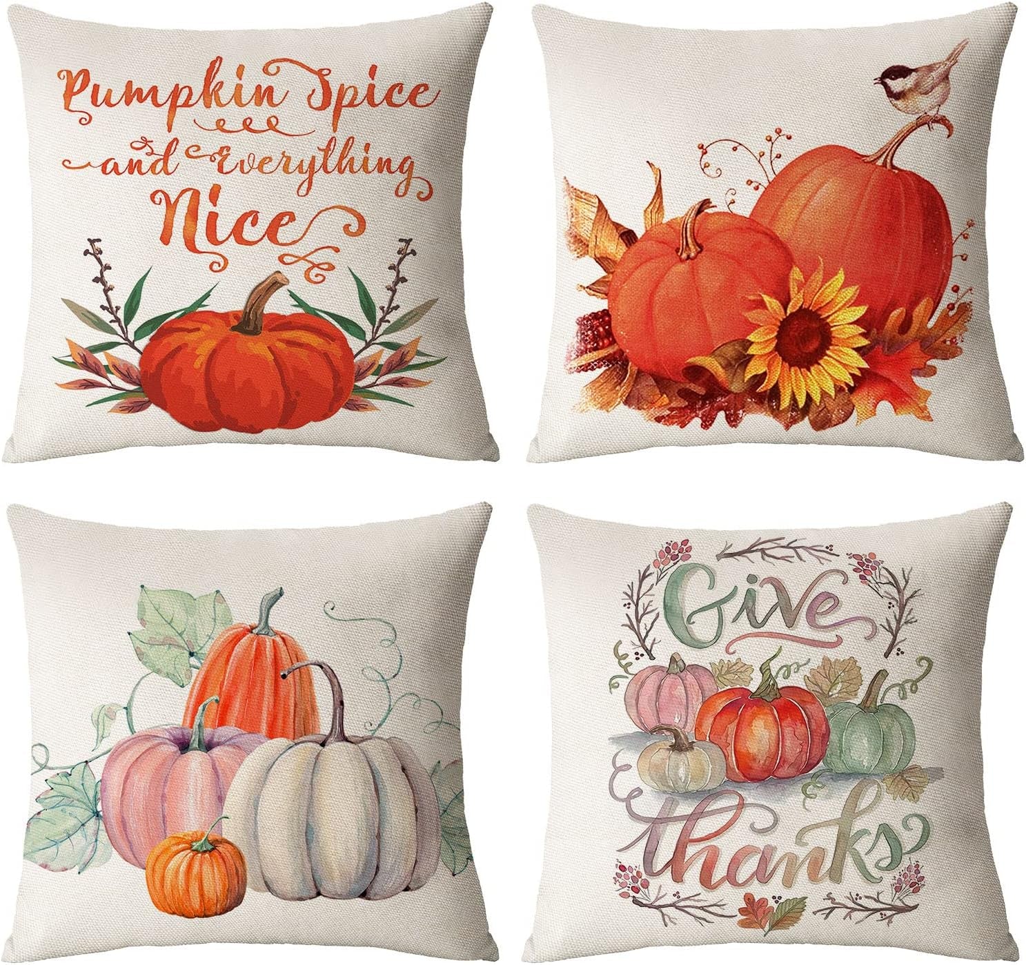 Set of 4 Fall Pillow Covers 18X18 Inch Thanksgiving Throw Pillows Covers Autumn Blue Pumpkins Decorative Cushion Covers 