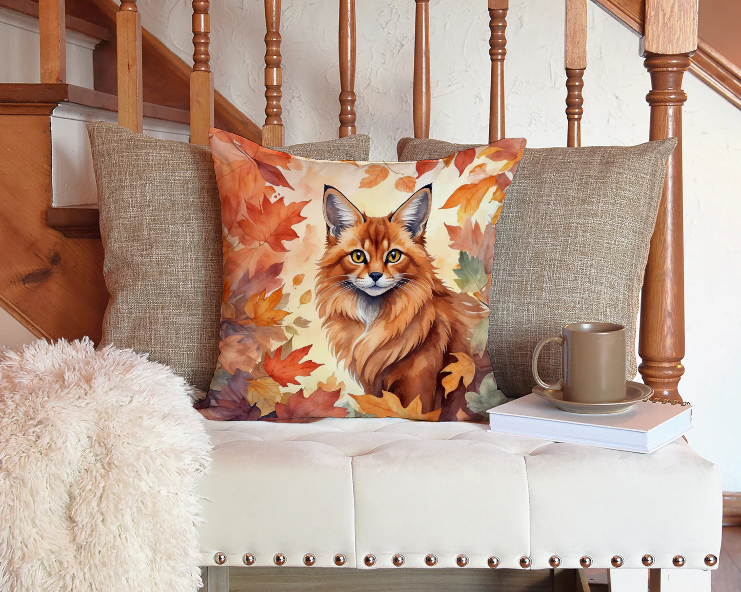 Somali Cat in Fall Leaves Throw Pillow