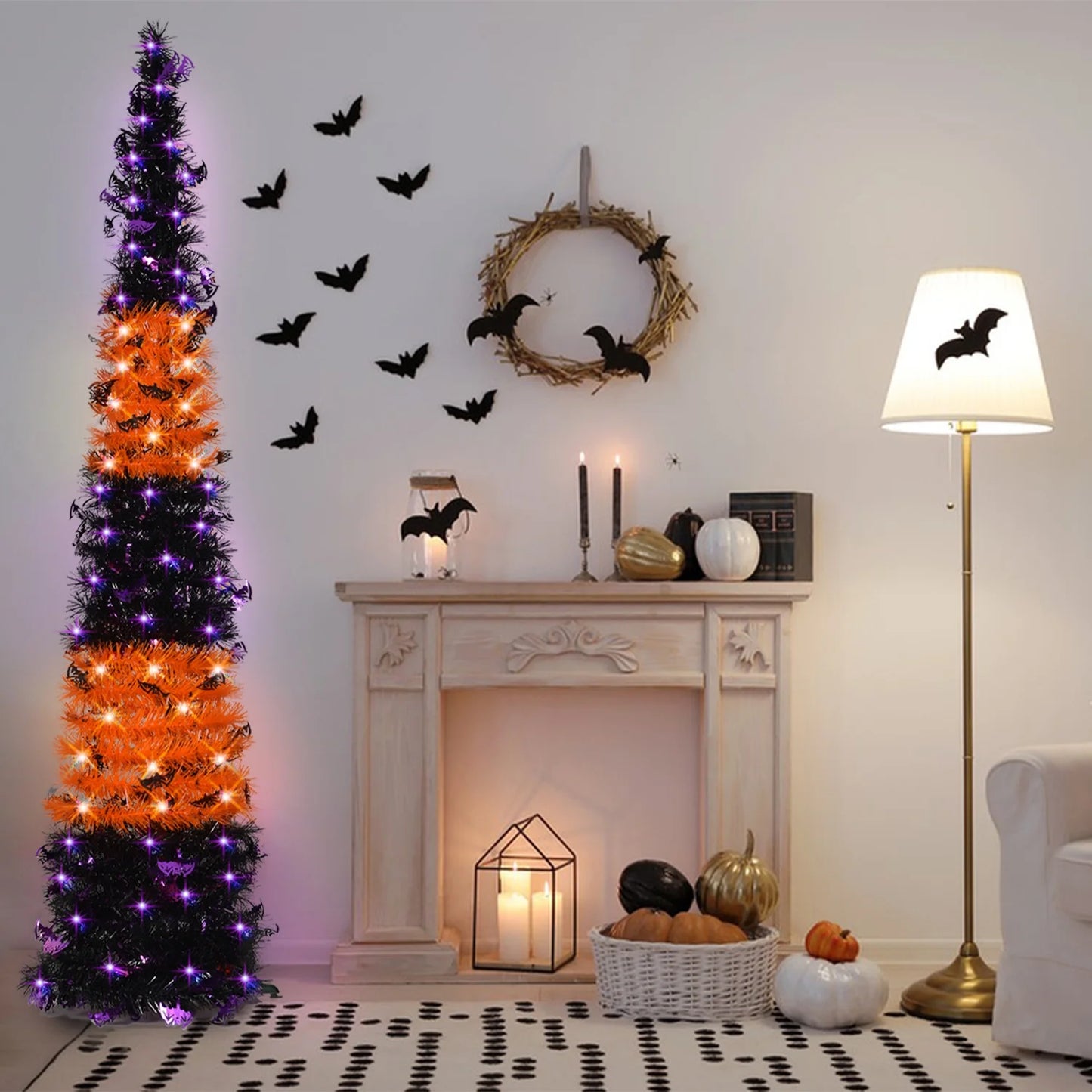 Black & Orange Halloween Christmas Tree with 50 LED Purple Lights 