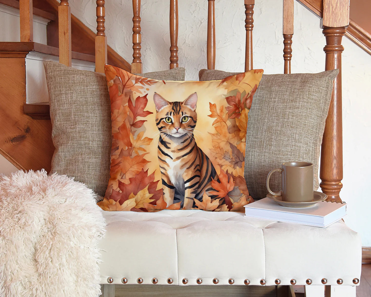 Toyger Cat in Fall Leaves Throw Pillow