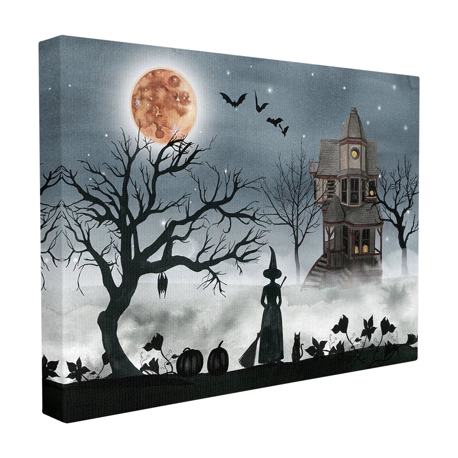 Halloween Witch Silhouette in Full Moon Haunted House Scene Stretched Canvas 