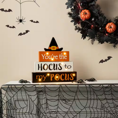 11.54 In. H Halloween Wooden Lighted Witch/Word Block Table Decor