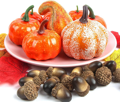 Mini Faux Foam Pumpkins with Lifelike Maple Leaves Acorns and Red Berries