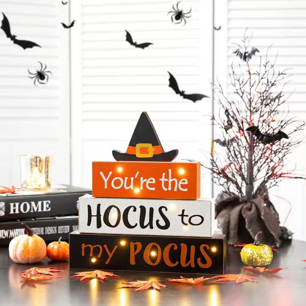 11.54 In. H Halloween Wooden Lighted Witch/Word Block Table Decor