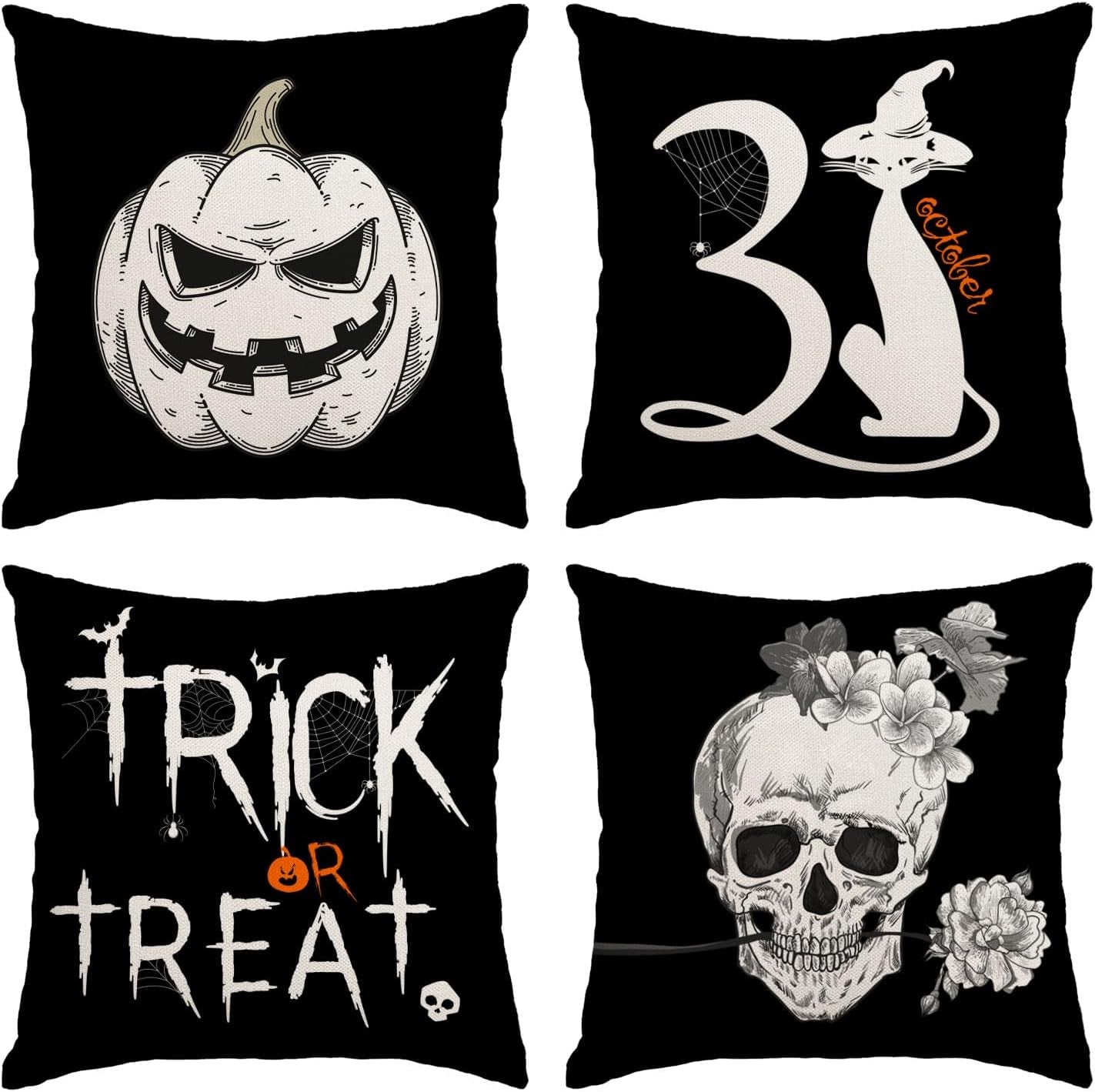 Halloween Decor Pillow Covers 16X16 Set of 4 Halloween Fall Black Decorative Throw Pillows 