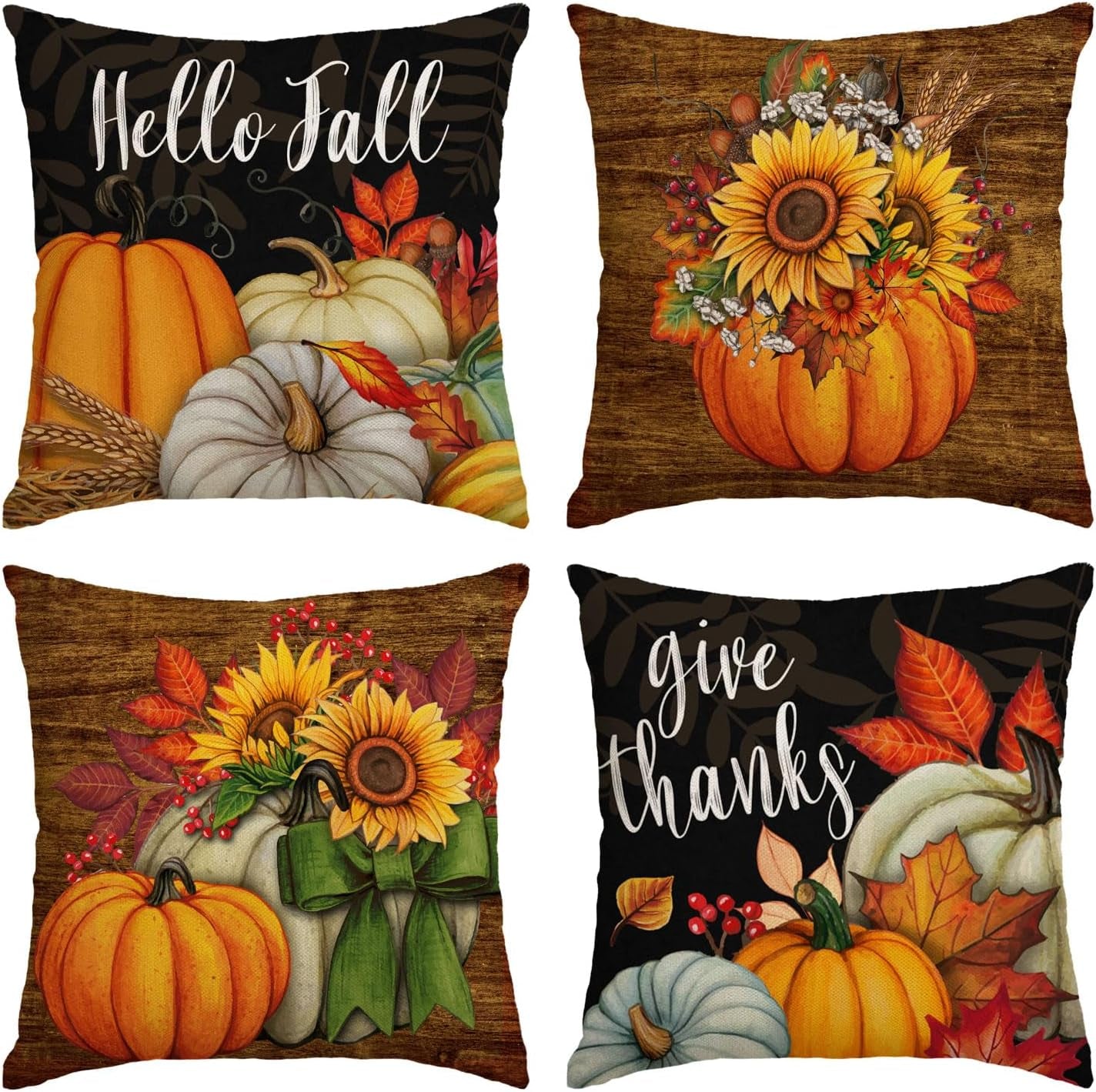 Set of 4 Fall Pillow Covers 18X18 Inch Thanksgiving Throw Pillows Covers Autumn Blue Pumpkins Decorative Cushion Covers 