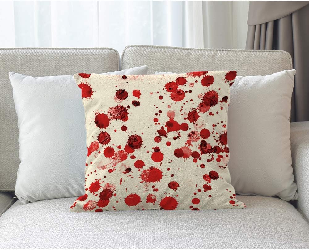 Moslion Halloween Pillows Decorative Throw Pillow Cover Horror Scary Zombie Polka Dot Spot Doodle Splashes of Blood Pillow Case 18X18 Inch Cotton Linen Square Cushion Cover for Sofa Bed Red