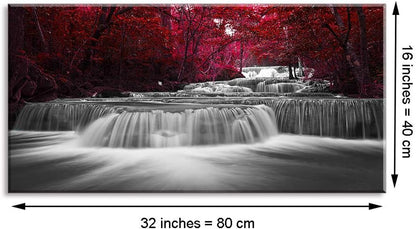 Wall Art Décor of Wide Waterfall and Red Leaves and Maple Leaves Canvas 