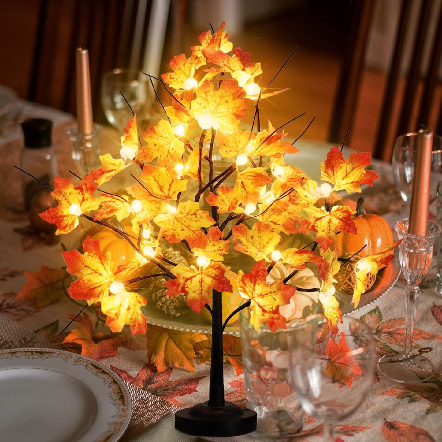 Lighted Maple Tree 24 LED Tabletop Maple Tree Light 8 Modes USB & Battery Operated Artificial Tree Lamp with Maple Leaves for Thanksgiving Fall Home Decoration (Warm White)