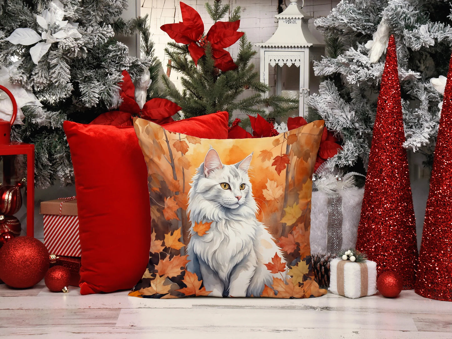 Turkish Angora Cat in Fall Leaves Throw Pillow