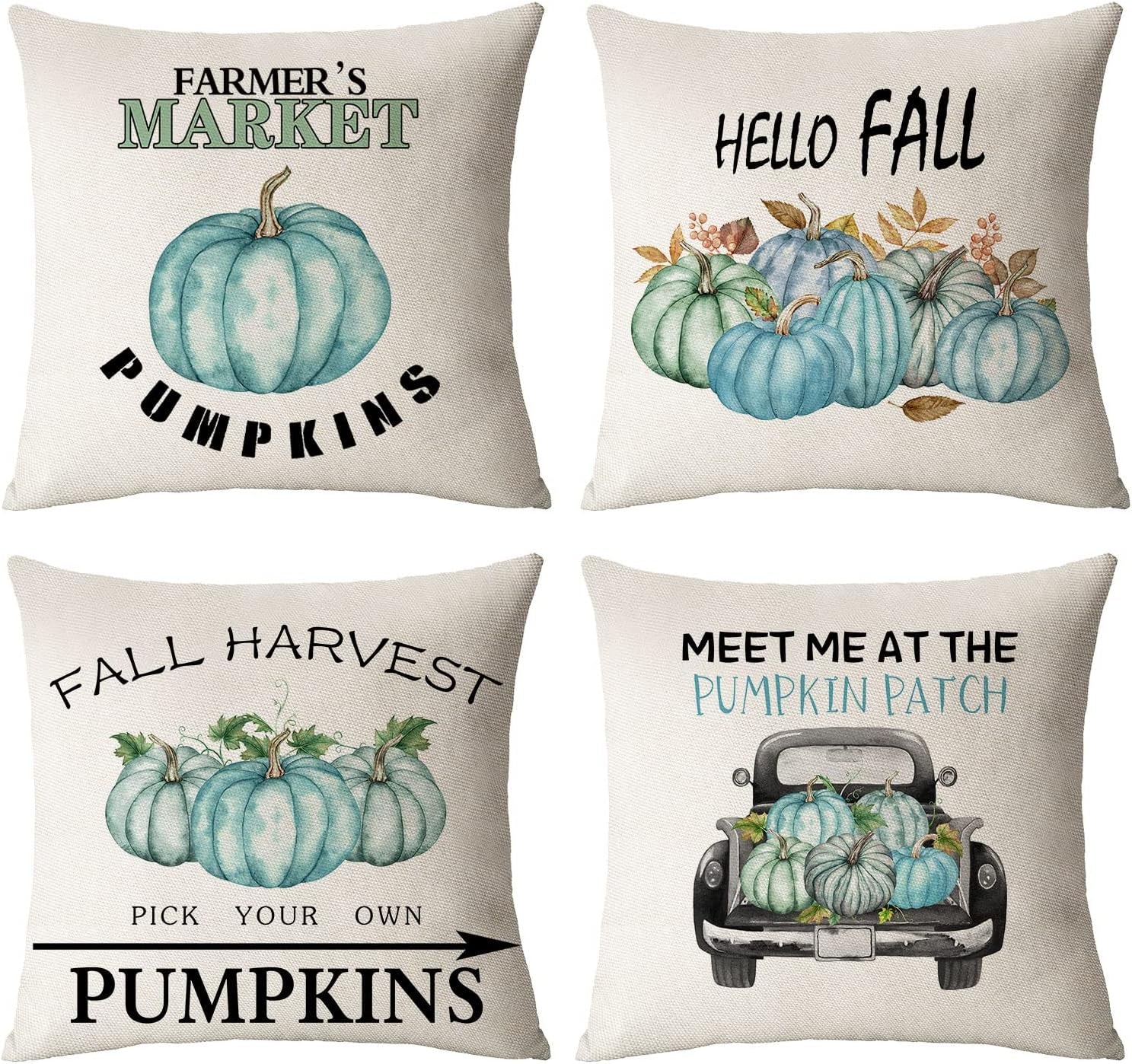 Set of 4 Fall Pillow Covers 18X18 Inch Thanksgiving Throw Pillows Covers Autumn Blue Pumpkins Decorative Cushion Covers 