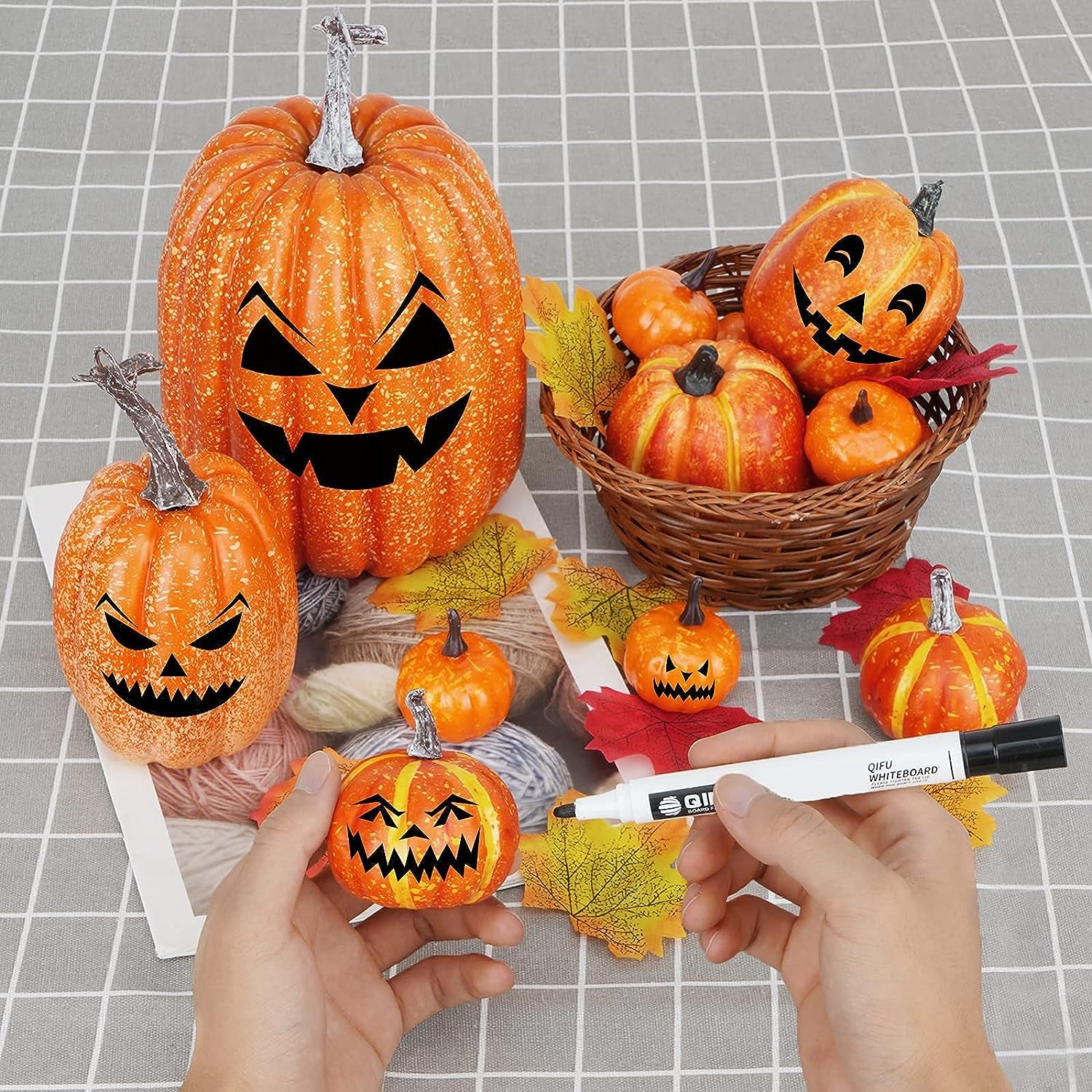 12PCS Artificial Foam Pumpkins with 50PCS Fake Maple Leaves 