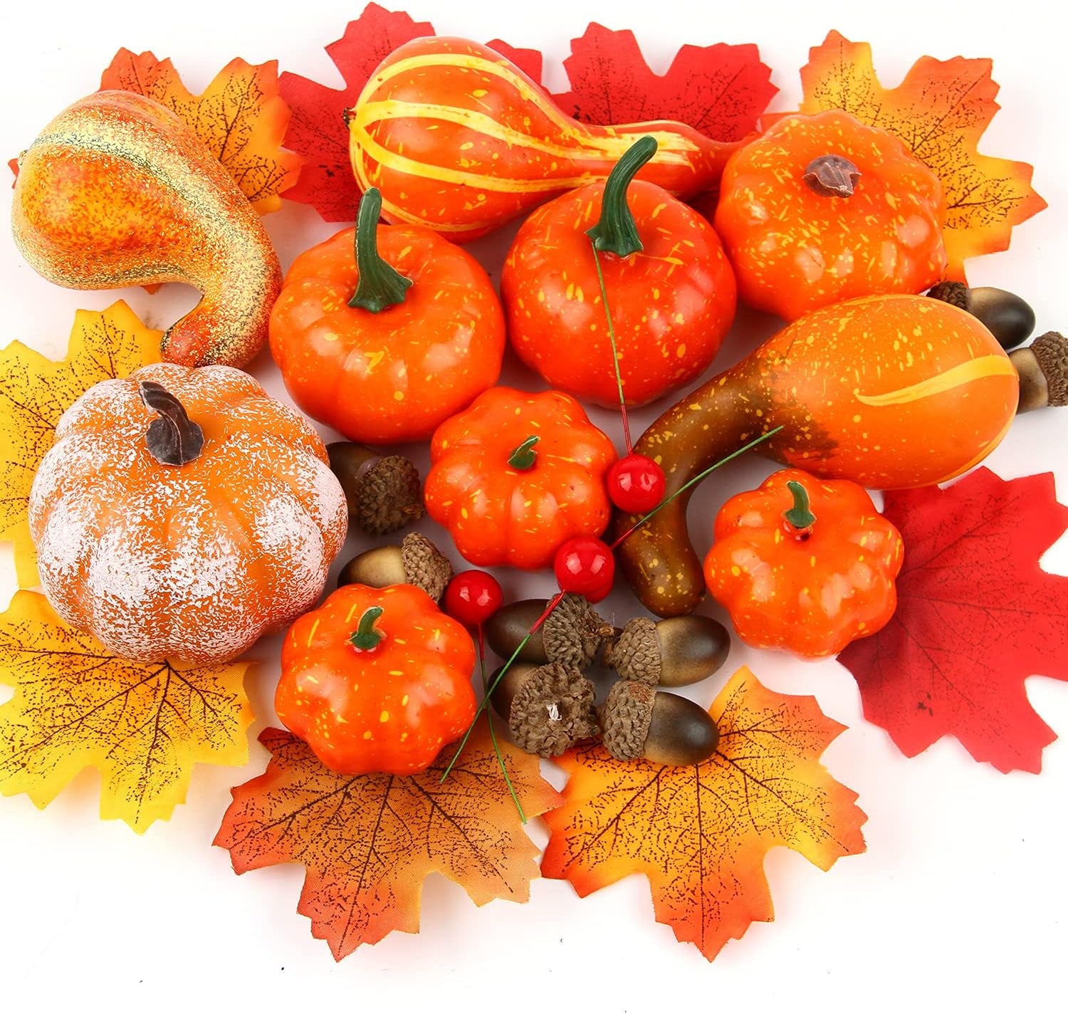 Mini Faux Foam Pumpkins with Lifelike Maple Leaves Acorns and Red Berries