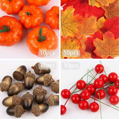 Mini Faux Foam Pumpkins with Lifelike Maple Leaves Acorns and Red Berries