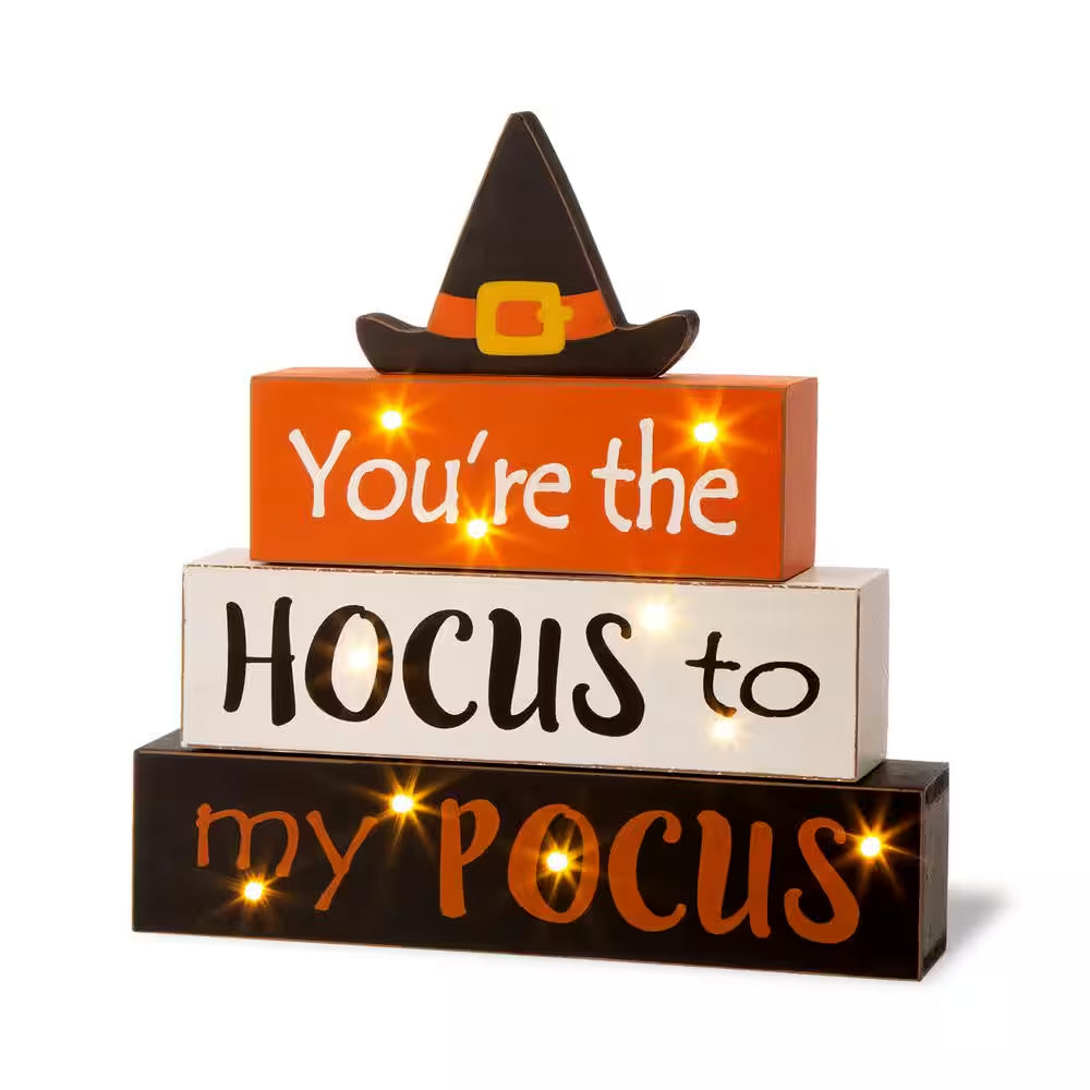 11.54 In. H Halloween Wooden Lighted Witch/Word Block Table Decor