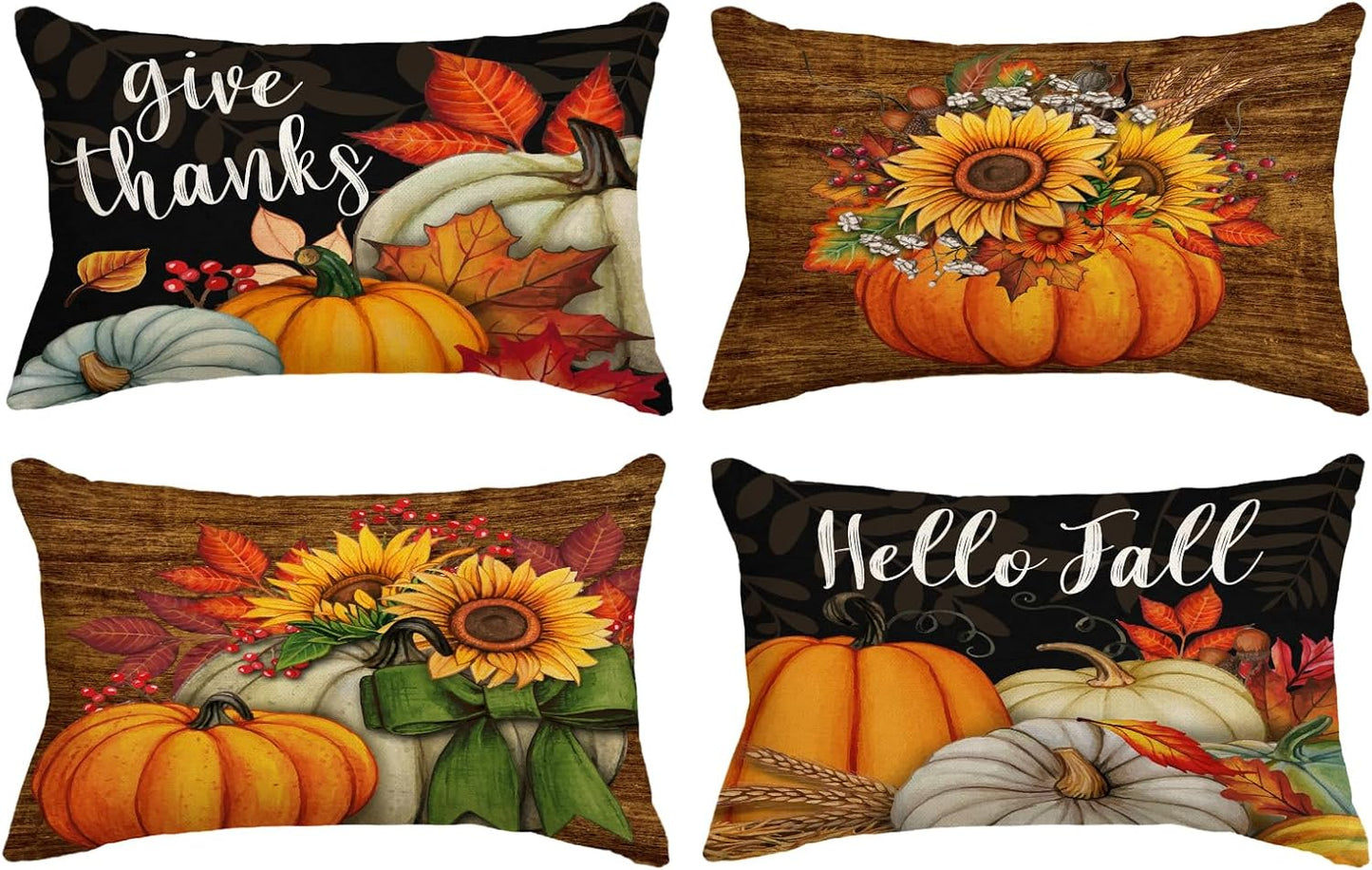 Set of 4 Fall Pillow Covers 18X18 Inch Thanksgiving Throw Pillows Covers Autumn Blue Pumpkins Decorative Cushion Covers 