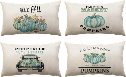 Set of 4 Fall Pillow Covers 18X18 Inch Thanksgiving Throw Pillows Covers Autumn Blue Pumpkins Decorative Cushion Covers 