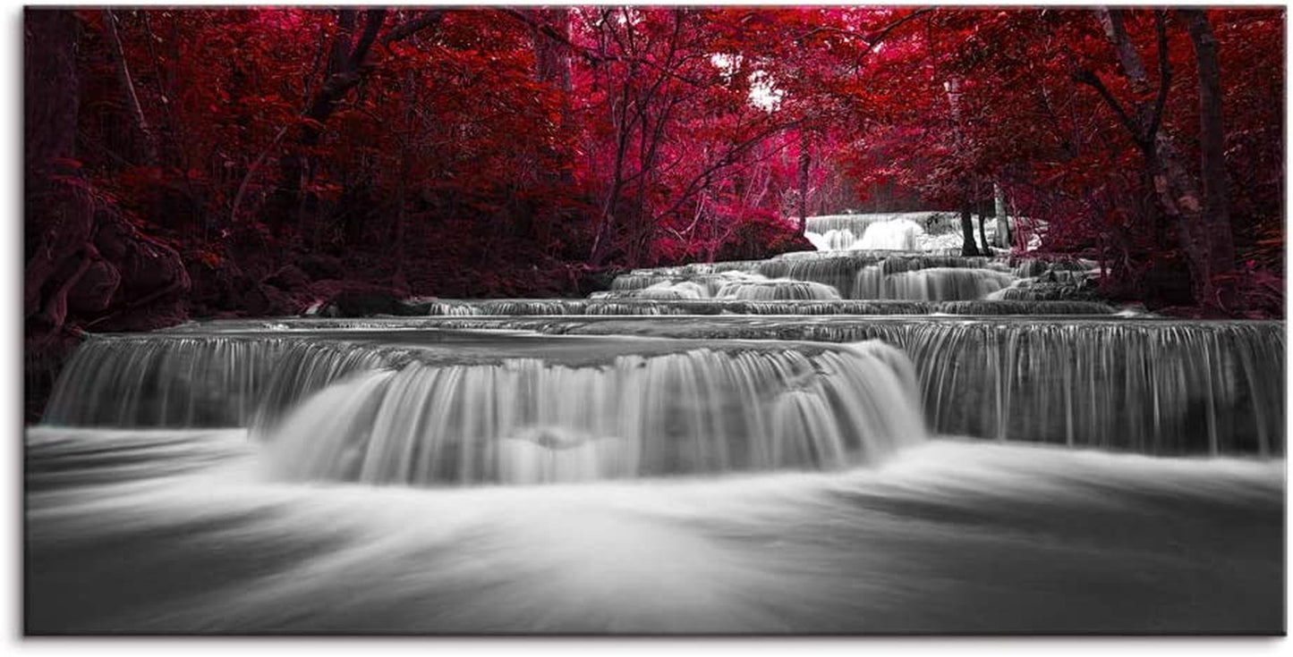 Wall Art Décor of Wide Waterfall and Red Leaves and Maple Leaves Canvas 