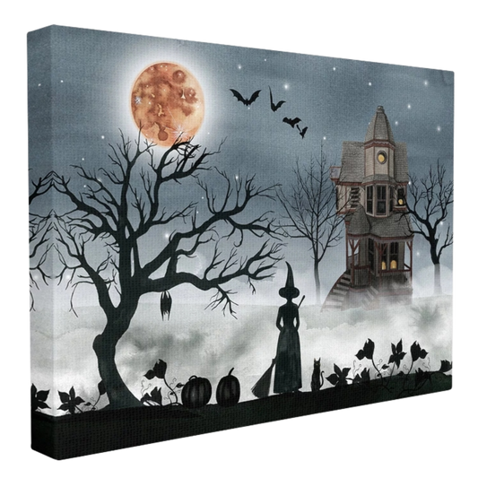 Halloween Witch Silhouette in Full Moon Haunted House Scene Stretched Canvas 