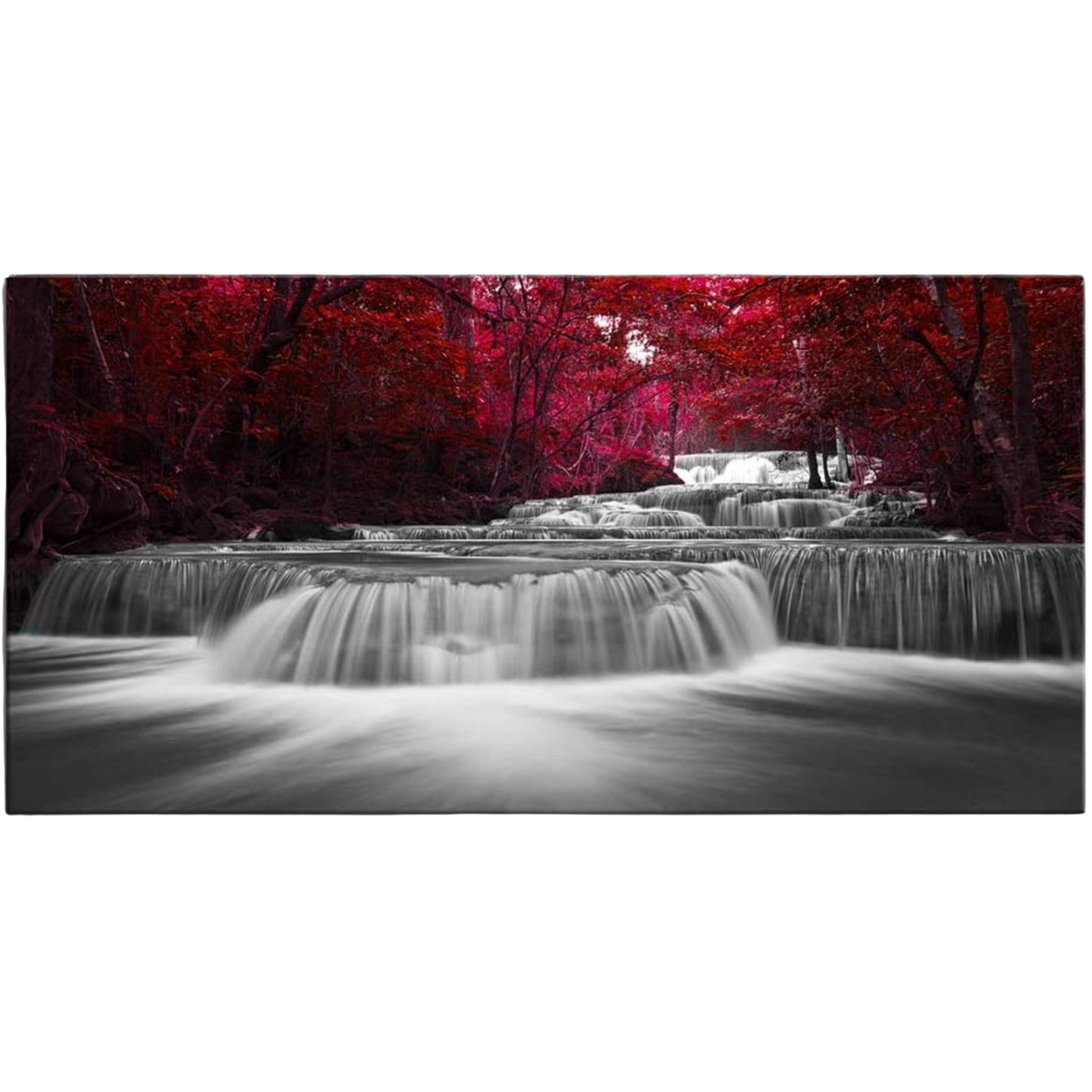 Wall Art Décor of Wide Waterfall and Red Leaves and Maple Leaves Canvas 