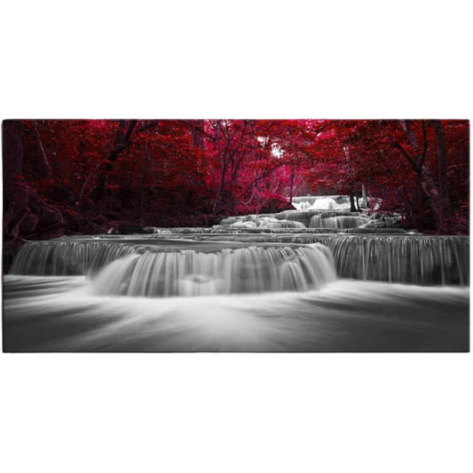 Wall Art Décor of Wide Waterfall and Red Leaves and Maple Leaves Canvas 