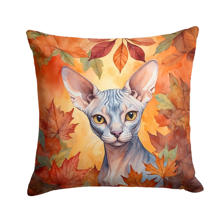 Sphynx Cat in Fall Leaves Throw Pillow