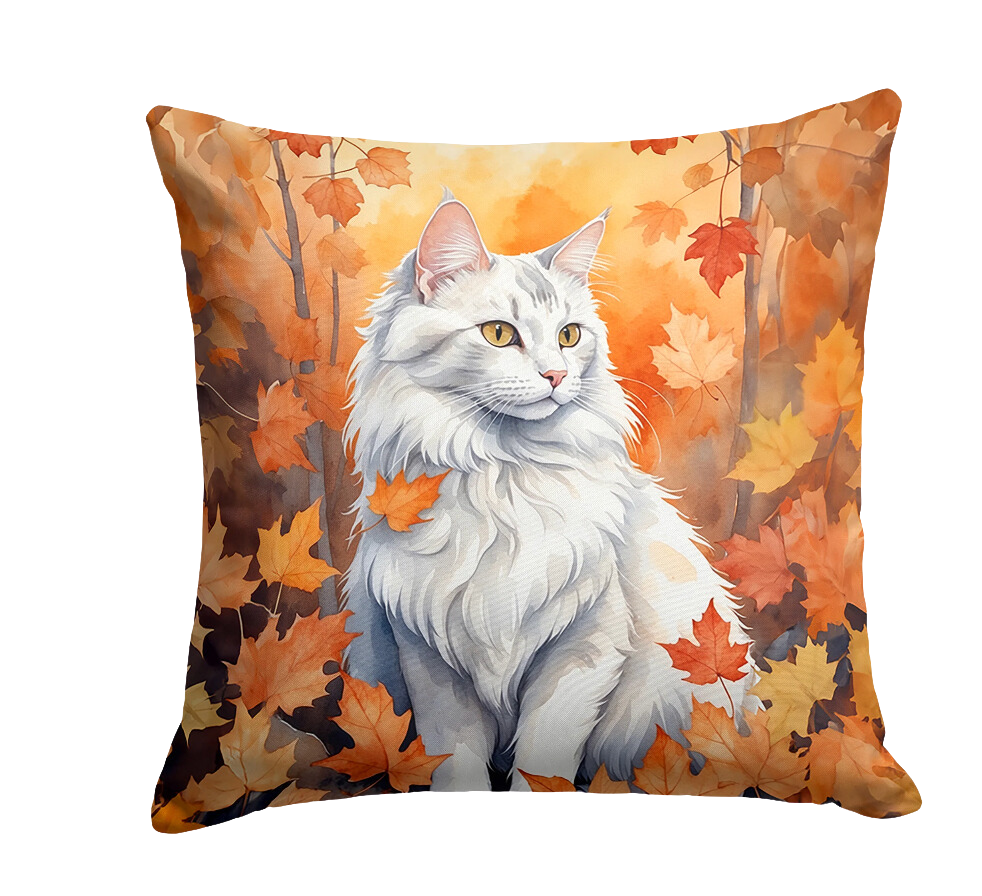 Turkish Angora Cat in Fall Leaves Throw Pillow