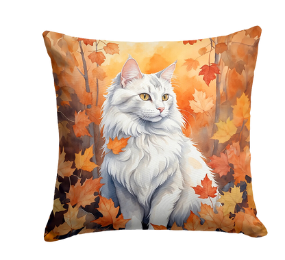 Turkish Angora Cat in Fall Leaves Throw Pillow