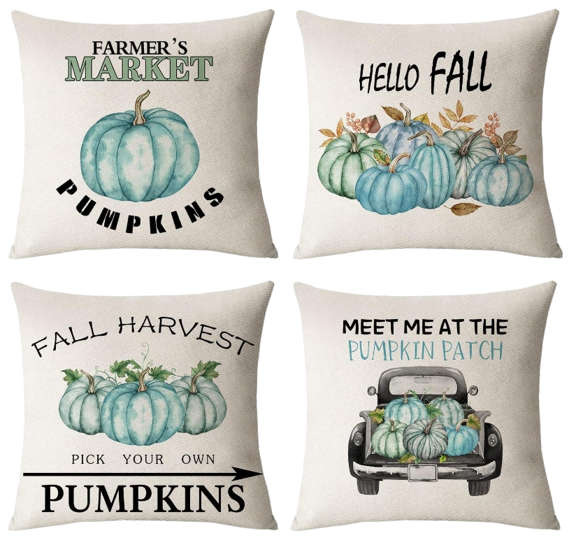 Set of 4 Fall Pillow Covers 18X18 Inch Thanksgiving Throw Pillows Covers Autumn Blue Pumpkins Decorative Cushion Covers 