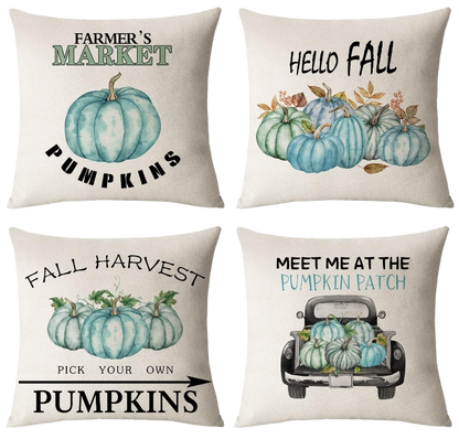 Set of 4 Fall Pillow Covers 18X18 Inch Thanksgiving Throw Pillows Covers Autumn Blue Pumpkins Decorative Cushion Covers 