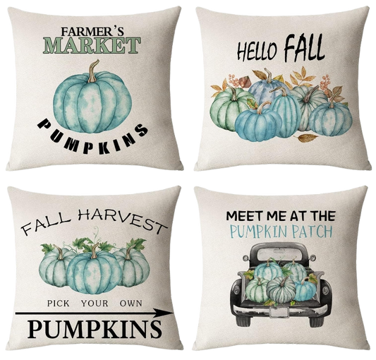 Set of 4 Fall Pillow Covers 18X18 Inch Thanksgiving Throw Pillows Covers Autumn Blue Pumpkins Decorative Cushion Covers 