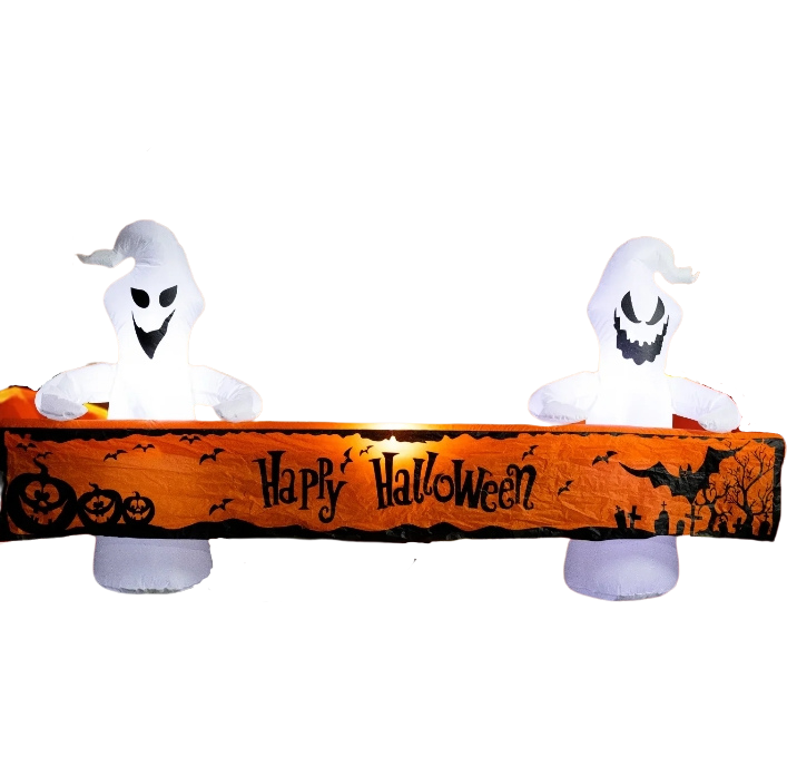 8 Ft Long Halloween Inflatable White Ghosts with Lighted “Happy Halloween” Blow up Decoration