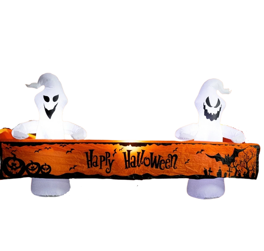 8 Ft Long Halloween Inflatable White Ghosts with Lighted “Happy Halloween” Blow up Decoration