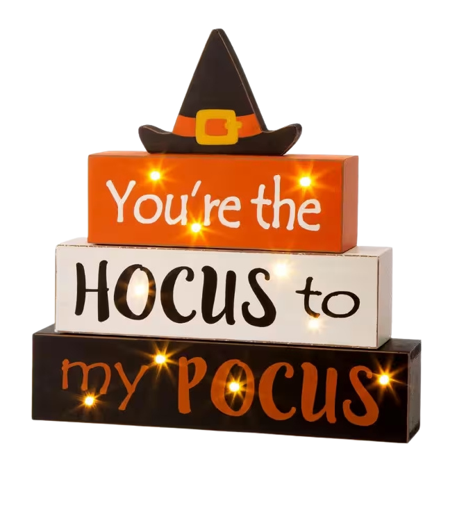 11.54 In. H Halloween Wooden Lighted Witch/Word Block Table Decor